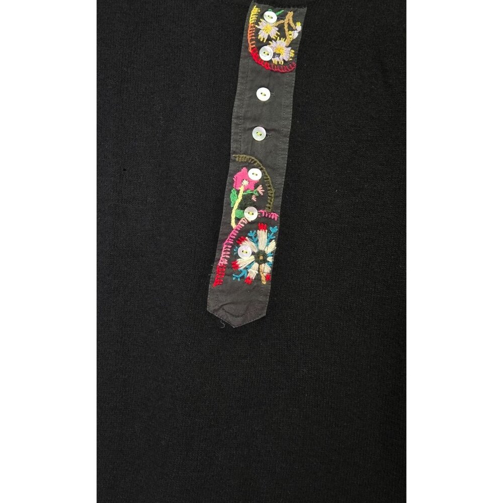 Free People Wool Black Long Sleeve Knit Tunic Floral Embroidered Henley Button P - Picture 3 of 13